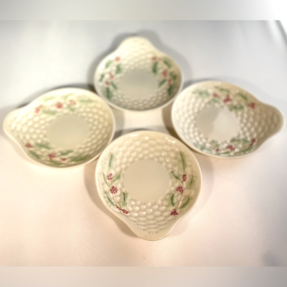 BELLEEK Enchanted Holly.RARE.Believed to be butter server plate.Set of 4.Vintage